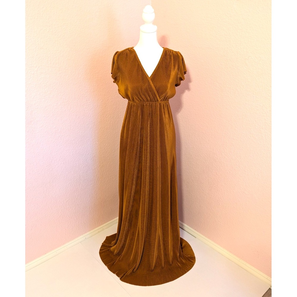 Baltic Born Pleated Maxi Dress Bronze Flutter Sleeve XS Wedding Guest Bridesmaid